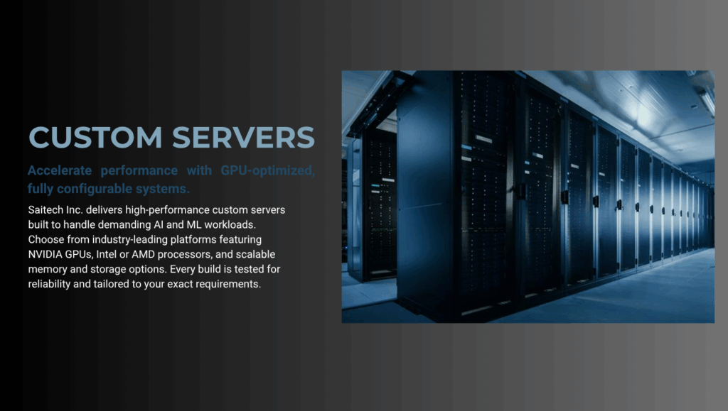 Custom rackmount servers configured for enterprise IT infrastructure with GPU and high-performance components in a data center